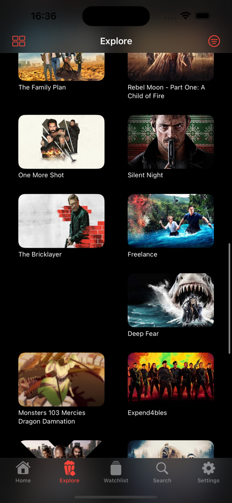 Explore tab of the PrimeWire Movies and TV Shows app showing various movie posters in a grid