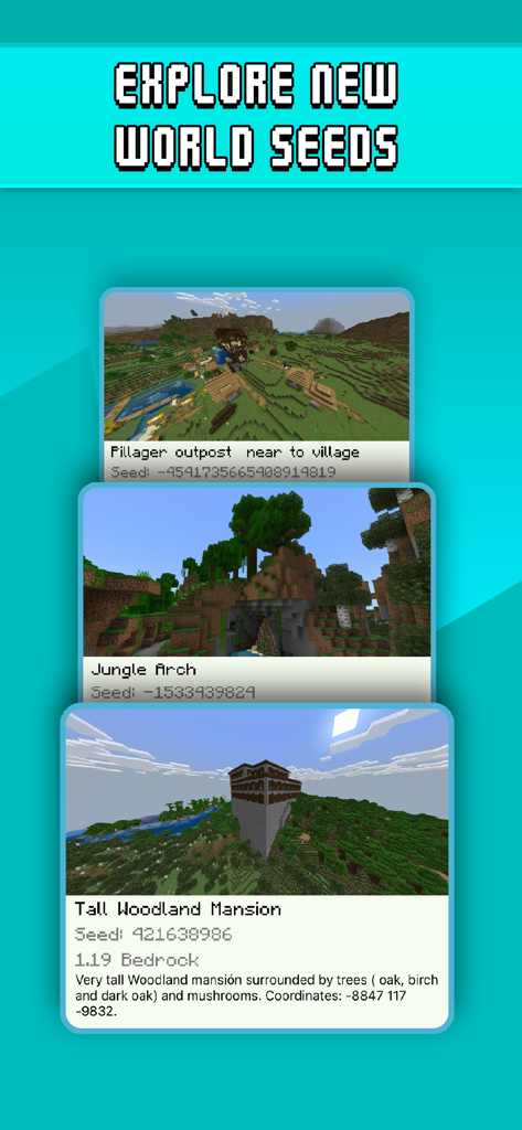 Eine Liste einzigartiger Minecraft-Weltsamen mit Vorschaubildern und Beschreibungen in der App