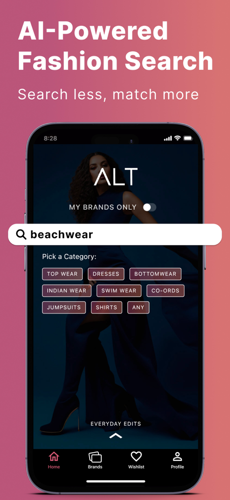 ALT - Fashion Search - ALT fashion search app interface with AI powered search bar and clothing categories