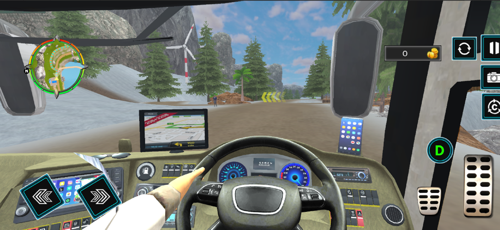 Interior view of a bus driver's seat showing the steering wheel, dashboard, and a rural road ahead.