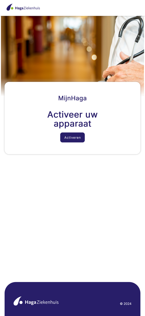 MijnHaga - MijnHaga app activation screen featuring a button to activate the device for the HagaZiekenhuis patient portal.
