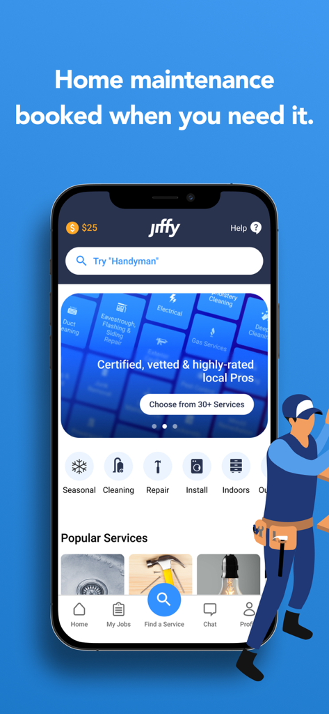 Pantalla de inicio de la aplicación móvil Jiffy que muestra opciones para reservar servicios para el hogar como limpieza, reparaciones e instalaciones.