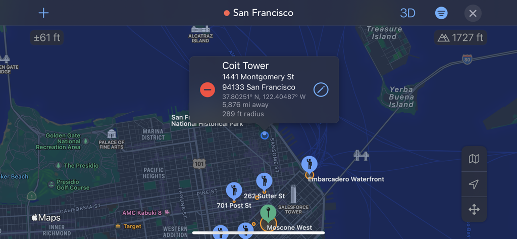 Kartenoberfläche der Geofency-App, die verfolgte Standorte in San Francisco anzeigt