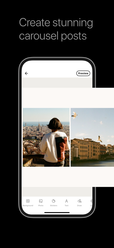 Panorama Scroll Carousel Maker - 편집 모드에서 분할 사진 캐러셀 게시물을 보여주는 파노라마 스크롤 캐러셀 제작기 앱 인터페이스