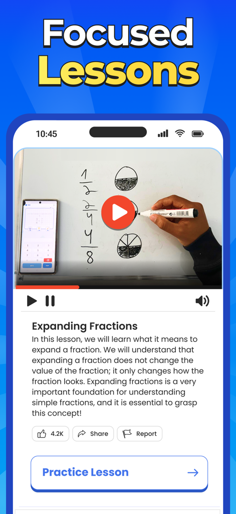Go Math app screen showing a video tutorial on expanding fractions with visual whiteboard diagrams.