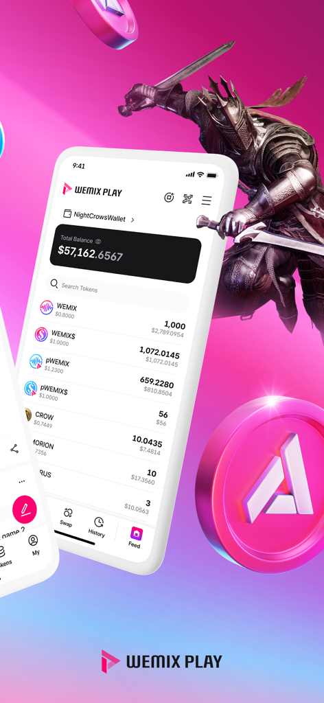 WEMIX PLAY - WEMIX PLAY mobile app displaying a digital wallet with token balances and gaming assets