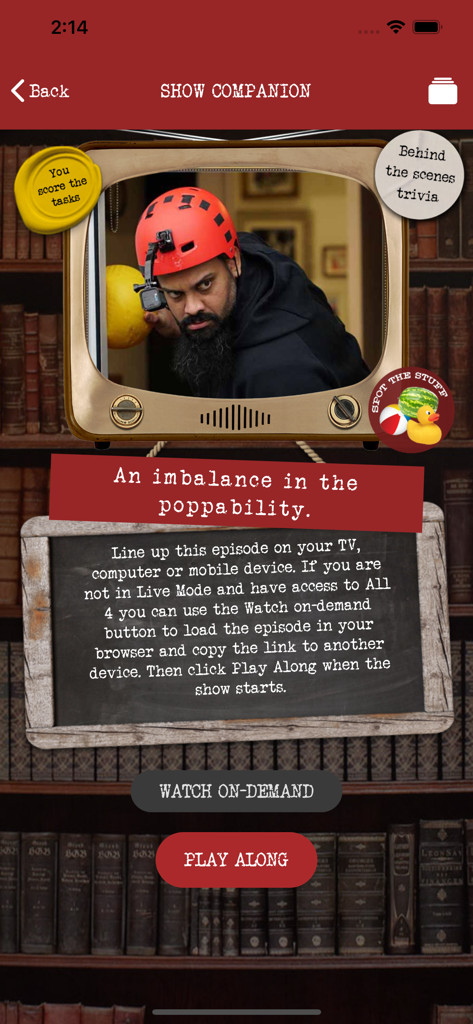 Taskmaster The App - Taskmaster App Show Companion interface with a contestant on a retro TV and options to play along