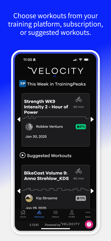 Velocity Cycling - Velocity Cycling app screen showing workout options and TrainingPeaks integration.