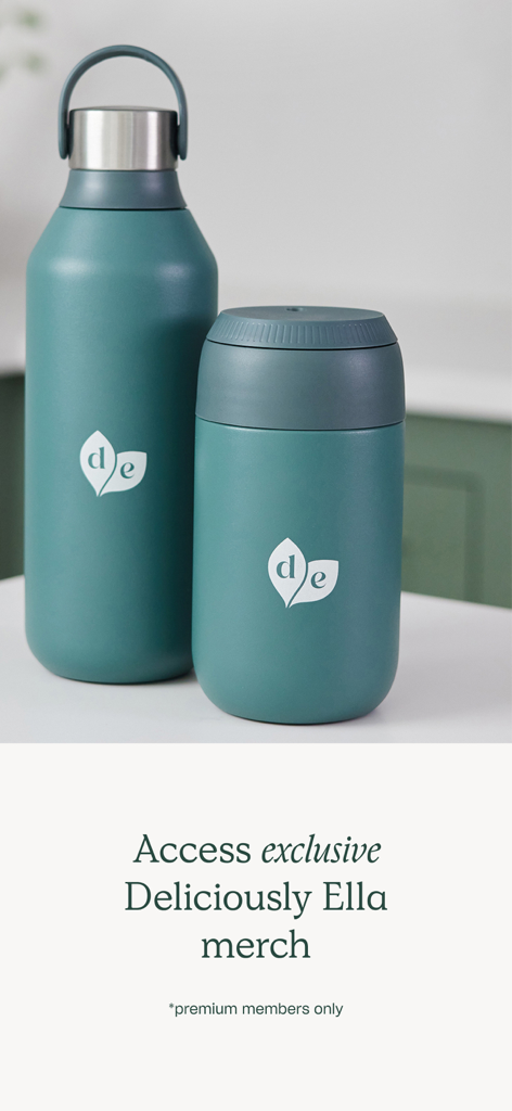 Teal reusable water bottle and food container with the Deliciously Ella logo