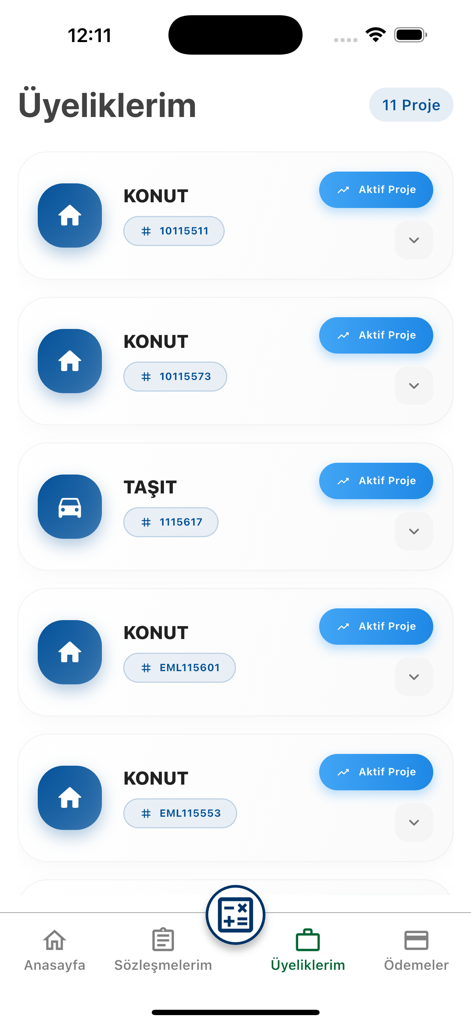 Emlak Katilim Tasarruf Finans app memberships screen showing active housing and vehicle savings projects