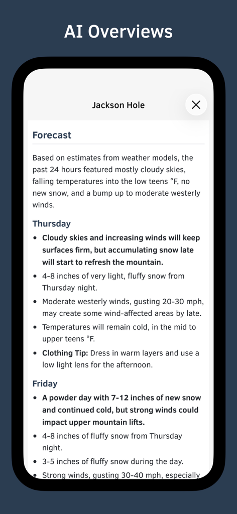 Aplicación móvil OpenSnow que muestra un resumen de pronóstico meteorológico y de nieve generado por IA para Jackson Hole