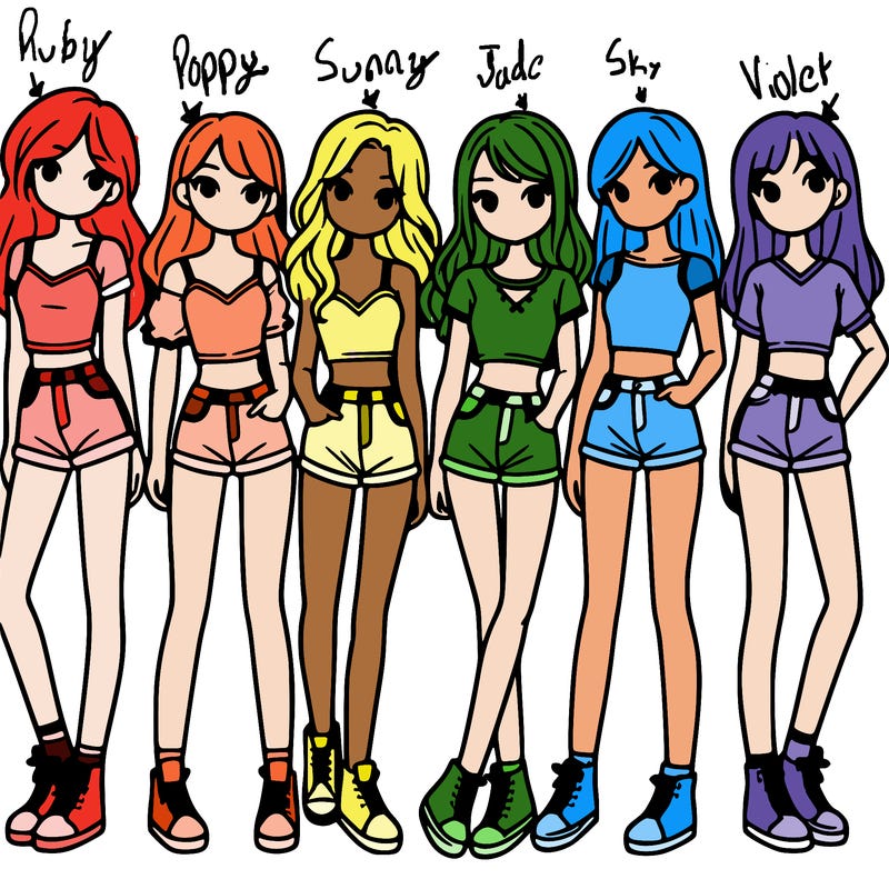 a group of girls wearing crop tops and shorts