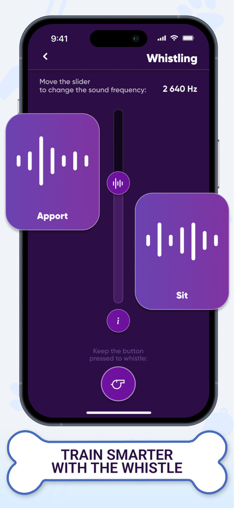Pawfy: Dog Translator App - Pawfy app interface showing a dog training whistle feature with adjustable sound frequency and command presets like Sit and Apport.