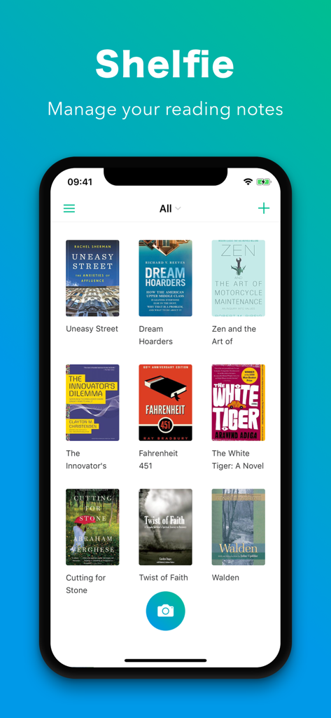 A smartphone displaying the Shelfie app main screen with a grid of book covers in a digital library