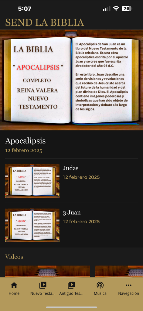 SEND LA BIBLIA - Interface of the SEND LA BIBLIA app showing Spanish Bible video chapters including Apocalipsis and Judas