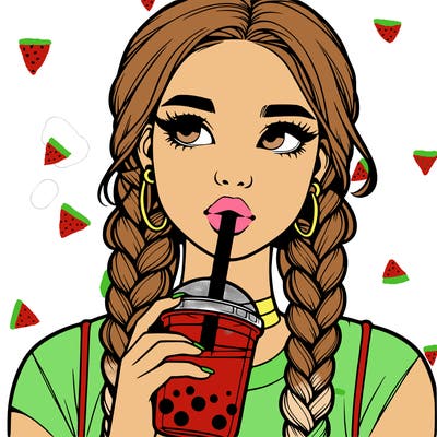 realistic girl with braided hair drinking boba