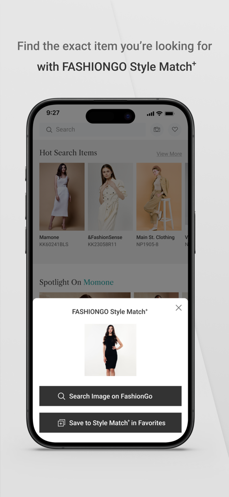 FashionGo Wholesale app screen demonstrating the Style Match visual search feature for finding specific clothing items using images