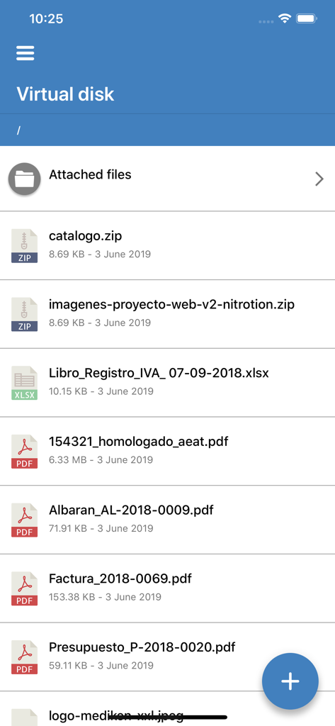 Contasimple – Invoices - Interface do Disco Virtual no aplicativo Contasimple mostrando uma lista de documentos armazenados, incluindo faturas e arquivos de projetos