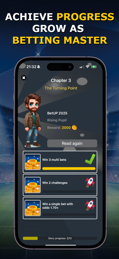 Pantalla de progreso de la historia del juego Bet Up que muestra el Capítulo 3 con misiones de apuestas y recompensas de personajes