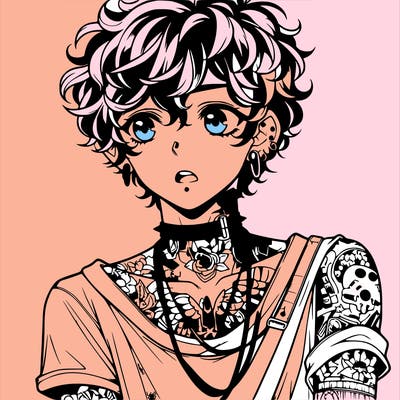 teen anime boy with curly hair  goth shirt lots of tattos and piercings