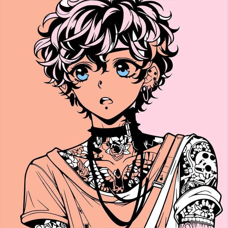 teen anime boy with curly hair  goth shirt lots of tattos and piercings