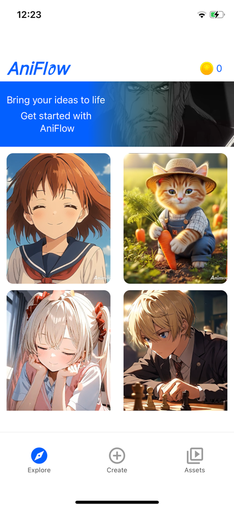 AniFlow - AI Anime Video Maker - AniFlow app interface showing diverse AI generated anime art styles in the explore section