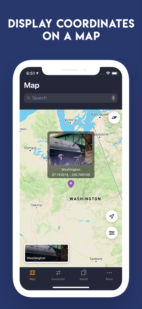 GPS Coordinates Converter App - Pantalla de smartphone mostrando un mapa con coordenadas GPS y un pin de ubicación en Washington