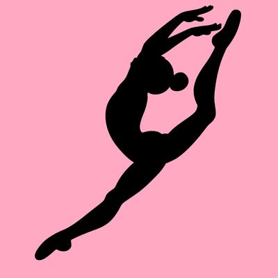 gymnast doing a leap in a leotard with a bent back leg