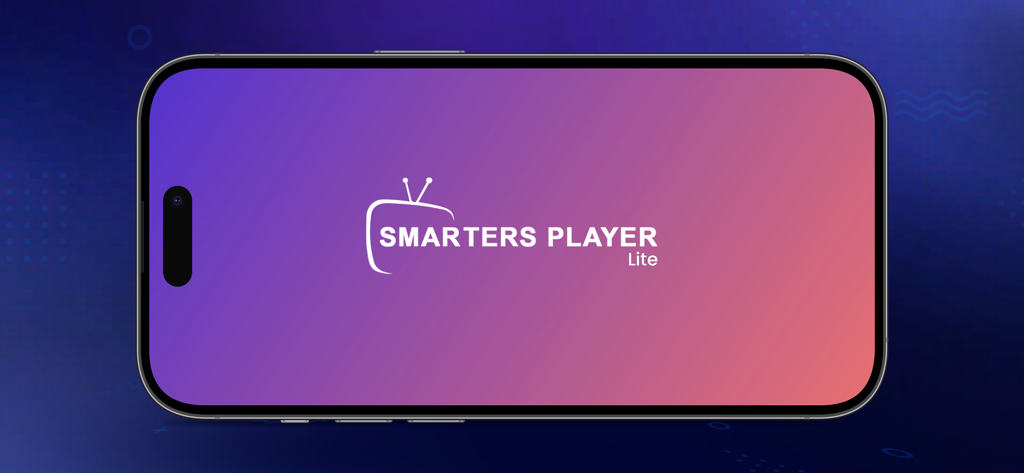 Smarters Player Lite - Smarters Player Liteアプリのロゴが、モバイルデバイスに表示された紫とオレンジのグラデーションの背景に表示されている