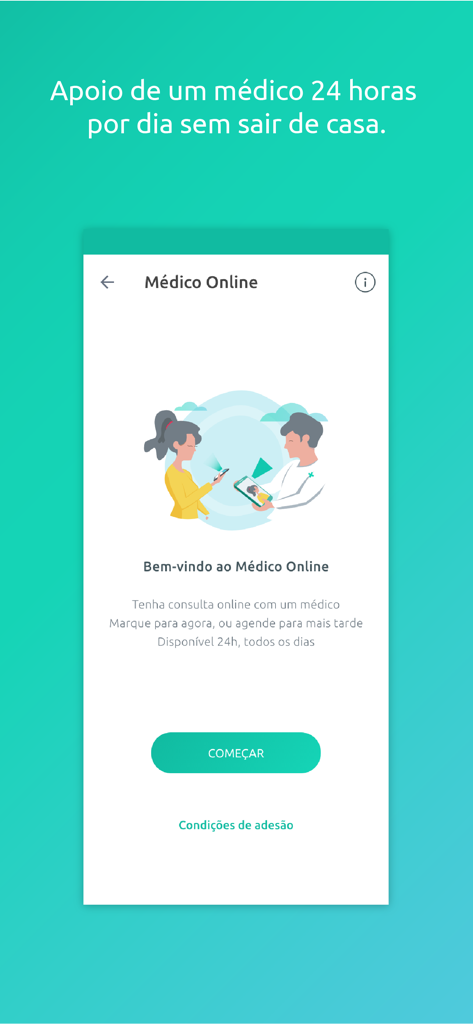 Médis - Benutzeroberfläche der Médis App, die die Funktion Online-Arzt mit einer Illustration einer Videoberatung und einer Startschaltfläche zeigt