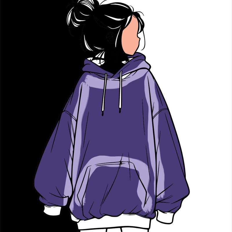 realistic girl with a oversized sweatshirt on and a bun