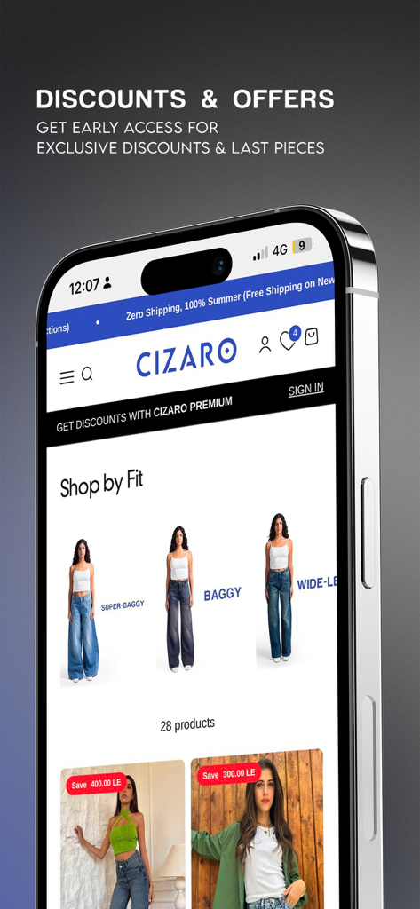 Cizaro Ägypten mobile App-Oberfläche mit Denim-Shopping-Kategorien nach Passform und exklusiven Rabatten
