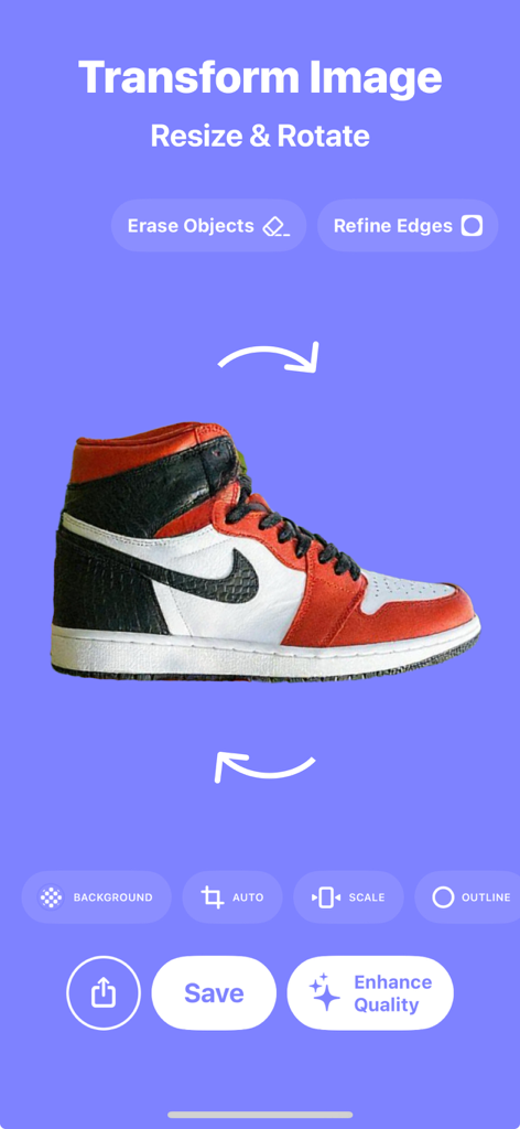 Remove BG Object Eraser - Snip - Interface of the Snip app showing tools to resize and rotate a product photo of a sneaker on a blue background