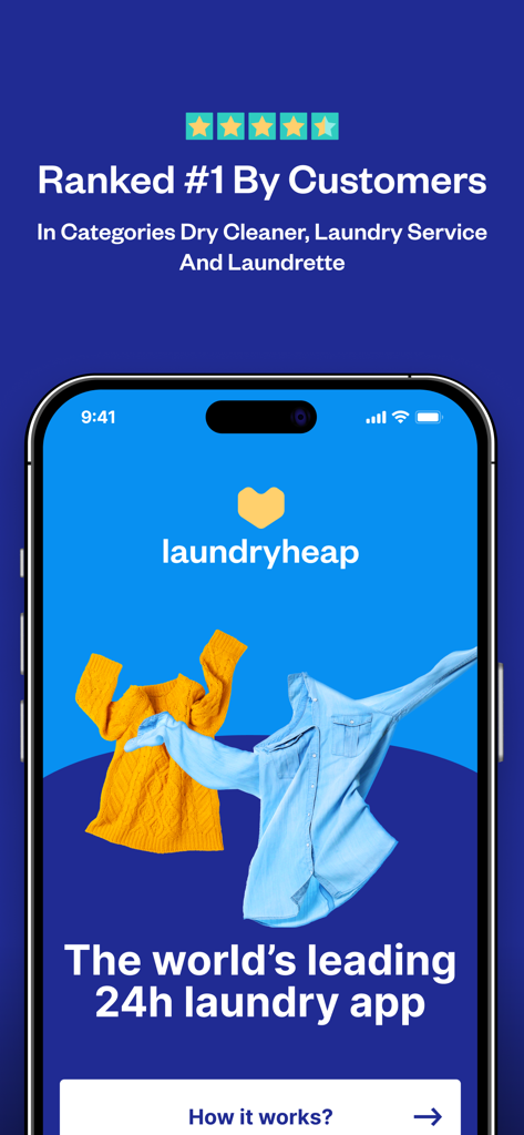 Interfaz de la app de lavandería a domicilio Laundryheap que muestra las valoraciones de los clientes y el anuncio de servicio en 24 horas