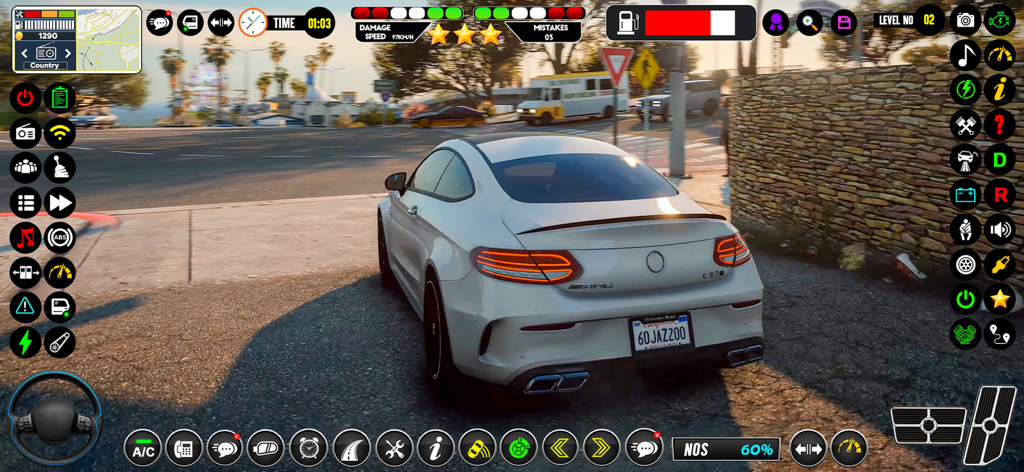 Urban Hard Park & Keep in Rule - Captura de pantalla del juego Urban Hard Park y Mantente en Regla mostrando un coche deportivo de lujo blanco en una calle de la ciudad con controles de conducción completos y HUD