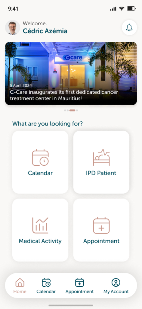 Pantalla de inicio de la aplicación C-Care PRO que muestra un panel médico profesional con enlaces rápidos al calendario, información de pacientes internados y citas