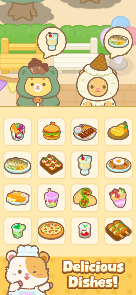 Ham's Kitchen : Cute Food Game - Uma grade de vários itens de comida fofos e chefs hamsters em fantasias do jogo Cozinha do Hamster.