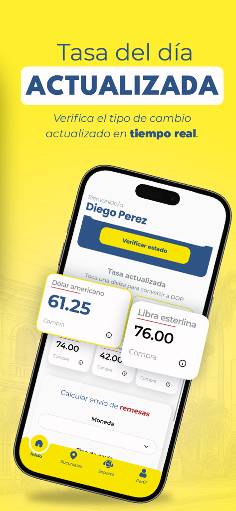 Caribe Express RD - Caribe Express RD mobile app interface displaying real-time currency exchange rates for US Dollars and British Pounds