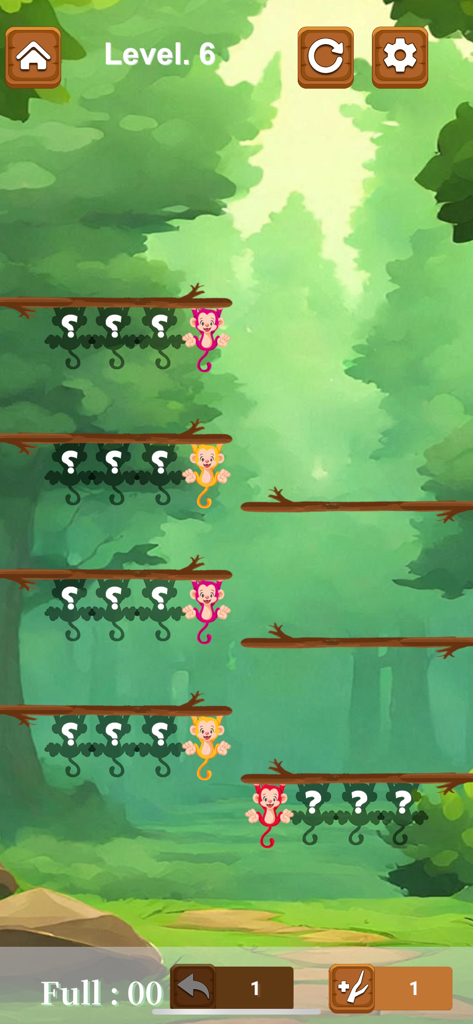 Gameplay de Monkey Sort montrant des singes colorés et cachés sur des branches d'arbres dans un jeu de puzzle de tri de couleurs.