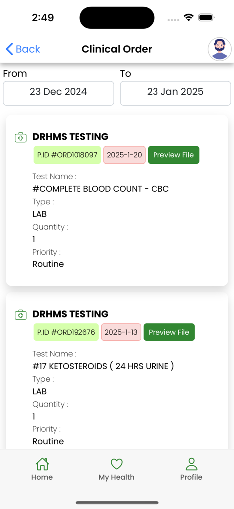 Schermata dei dettagli dell'ordine clinico dell'app MHealth plus che mostra i risultati dettagliati degli esami di laboratorio