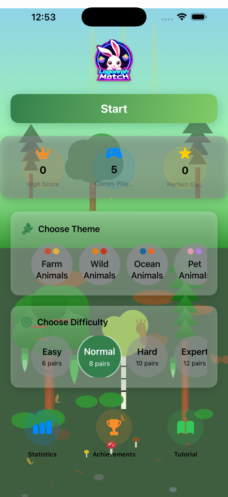 LagomorphMatch - LagomorphMatch home screen showing theme and difficulty selection for the memory card game.