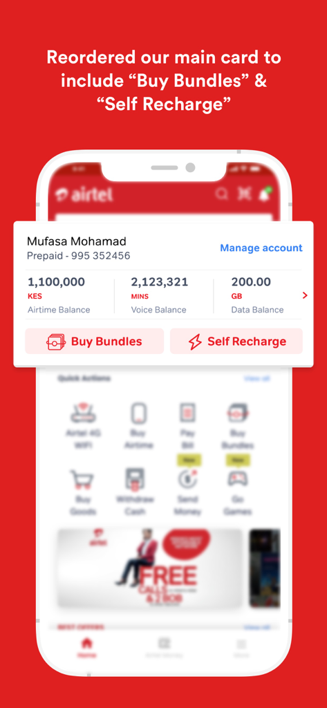 My Airtel Africa - Le tableau de bord de l'application Mon Airtel Afrique présentant les soldes de crédit et de données avec un accès rapide pour acheter des forfaits et se recharger soi-même.