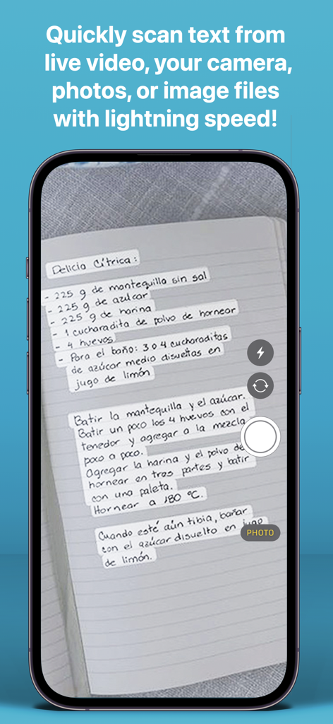 TLDR app scanning and highlighting handwritten recipe text from a notebook using a smartphone camera