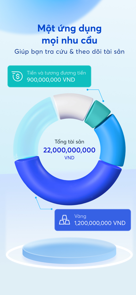 MB Bank app asset management screen with a donut chart showing total assets in Vietnamese Dong