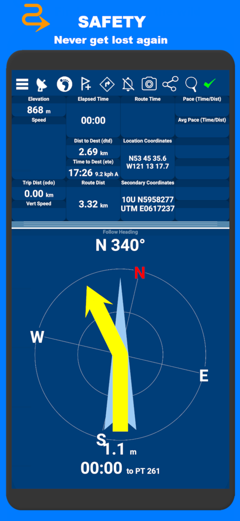 Technical navigation dashboard of PathAway app displaying coordinates elevation and a large compass