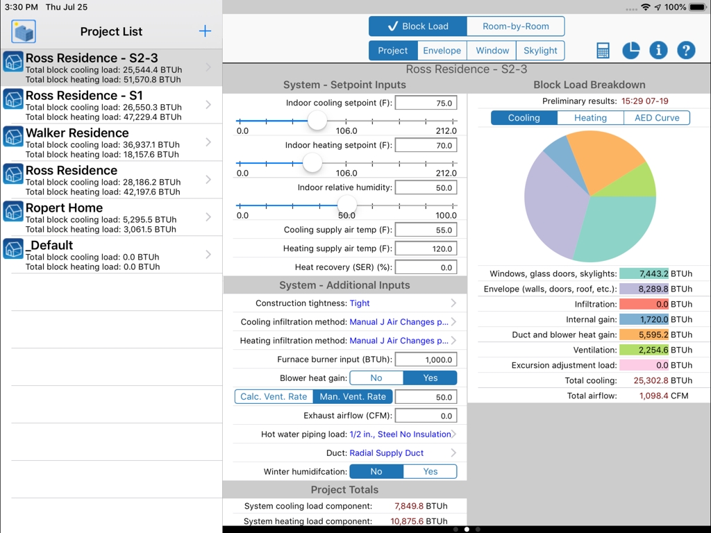 HVAC ResLoad-J - HVAC ResLoad-J app on iPad showing residential load calculation project list and a detailed cooling load breakdown with a colorful pie chart.