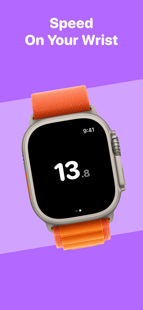 Simple Speedometer: Pure Speed - An Apple Watch showing a digital speedometer reading of 13.8 on its screen