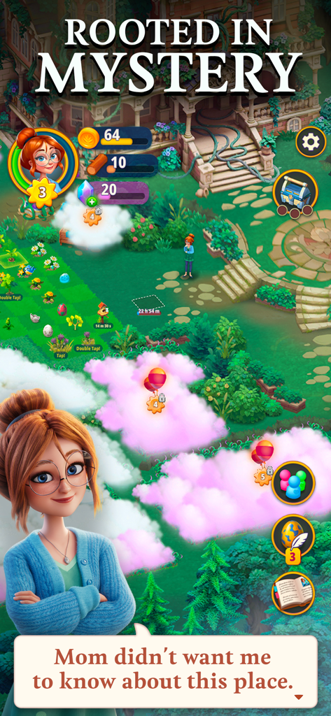 Merge Gardens - Daisy steht in einem mysteriösen, überwucherten Garten mit Spiele-UI-Elementen.