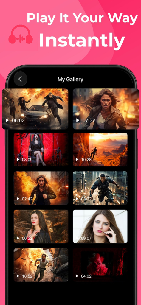Tubidy Fm app interface showing the My Gallery screen with a grid of local video thumbnails for offline viewing