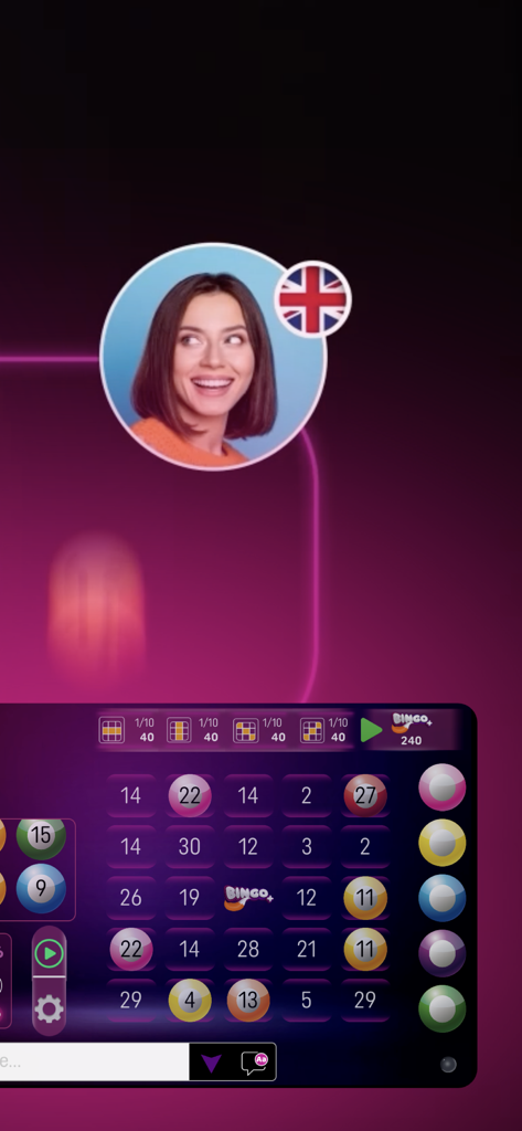 Interfaz de Bingo Plus Juegos Online que muestra un perfil de usuario y un cartón de bingo.